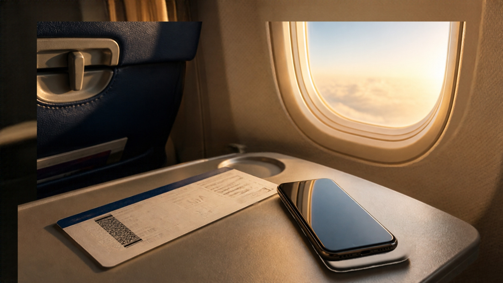 Carte d’embarquement et téléphone posés sur une tablette d’avion près d’un hublot, lumière du matin.
