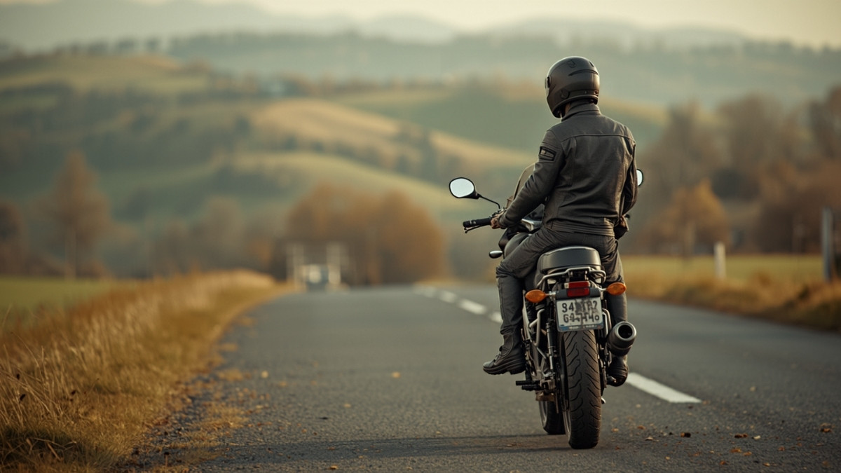 Motard vu de dos sur sa moto, arrêté sur une route de campagne vallonnée