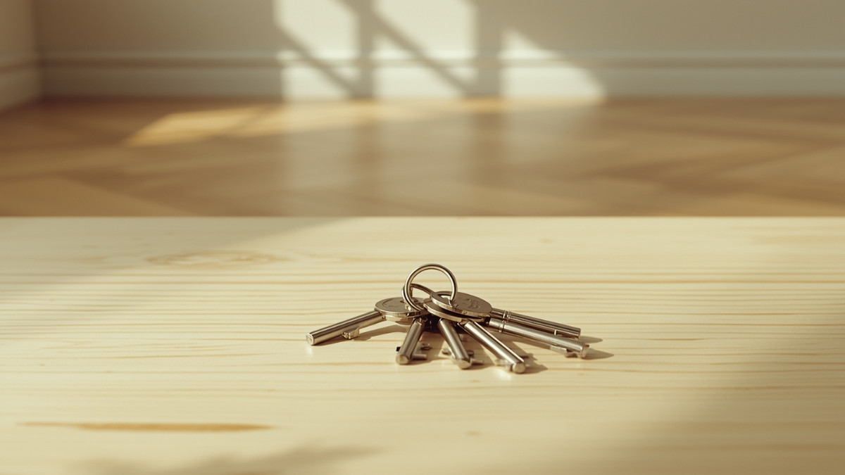 Clés d'appartement posées sur une table en bois dans un séjour vide et lumineux