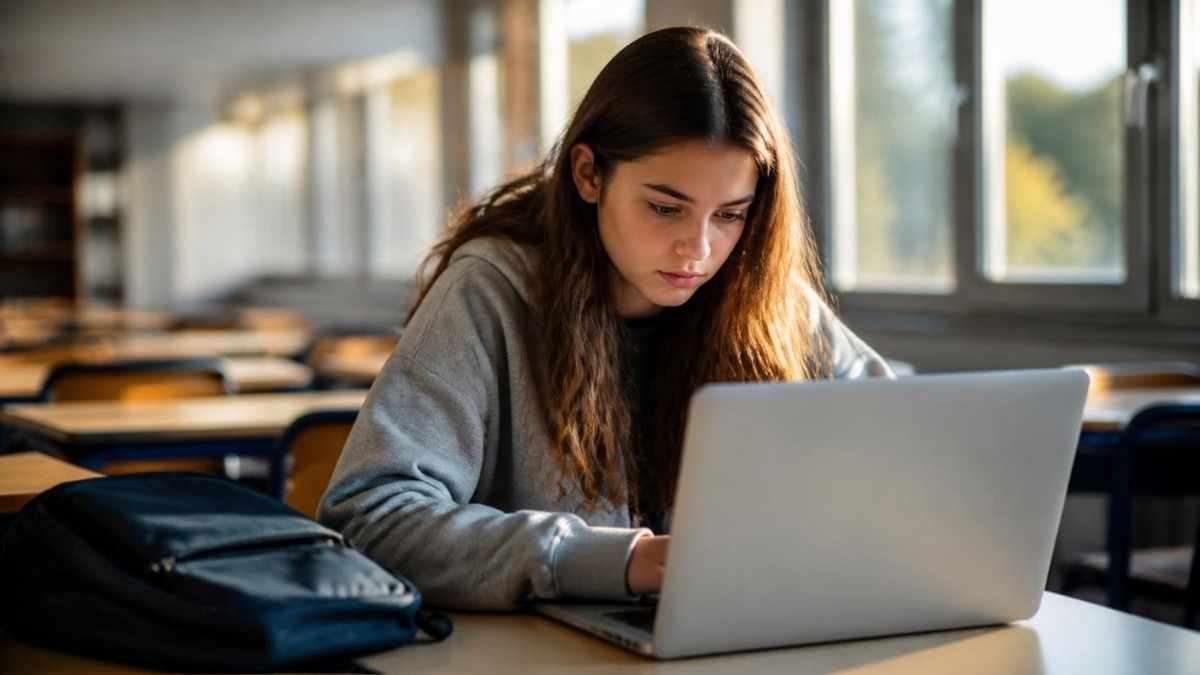 Lycéenne travaillant sur un ordinateur portable dans une salle de classe