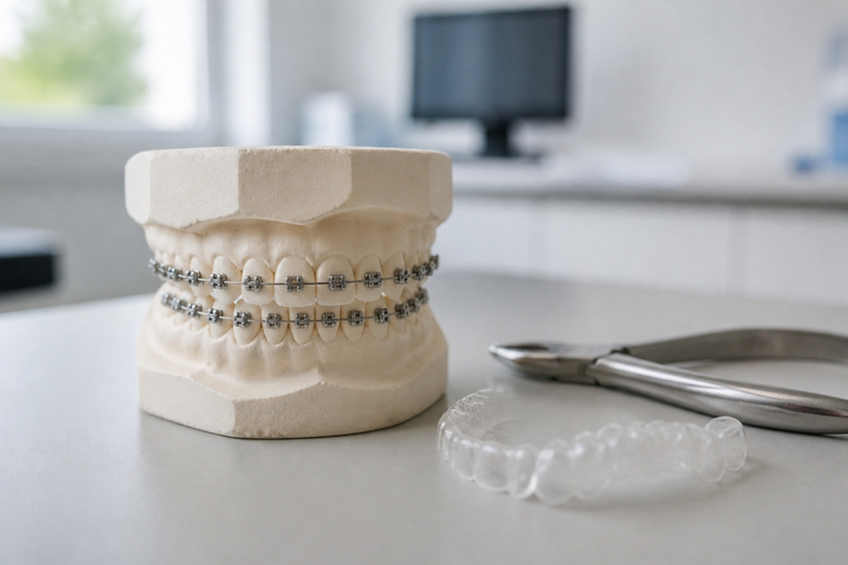 Moulage dentaire équipé d'un appareil orthodontique métallique, posé sur le bureau d'un cabinet d'orthodontie