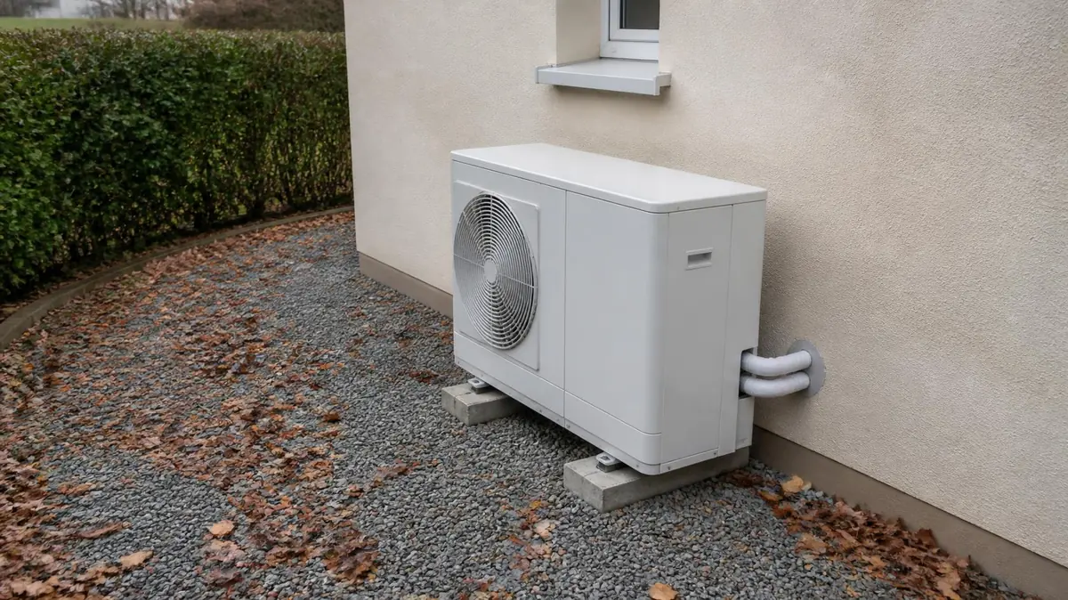 Unité extérieure de pompe à chaleur air-eau le long du mur d'une maison individuelle, feuilles mortes d'automne au sol