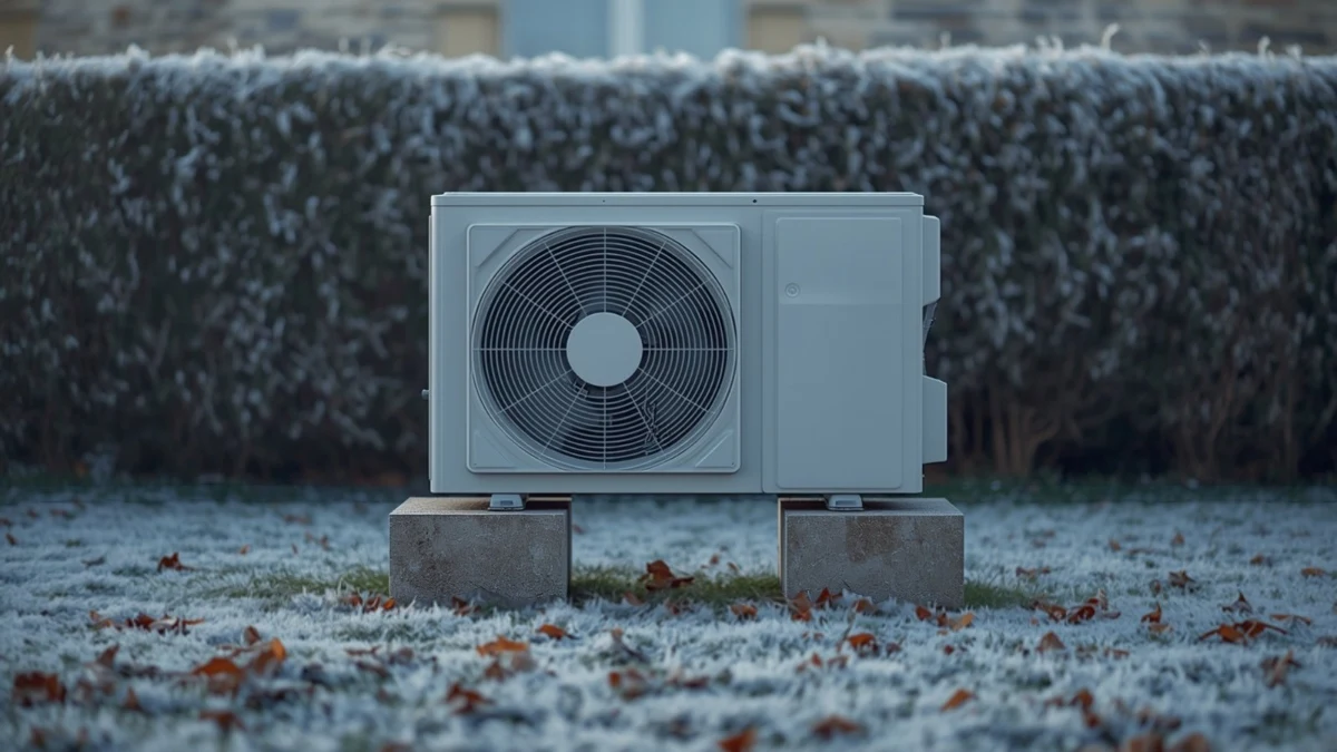 Unité extérieure de pompe à chaleur air-eau sur plots béton, givre au sol, au petit matin d'automne