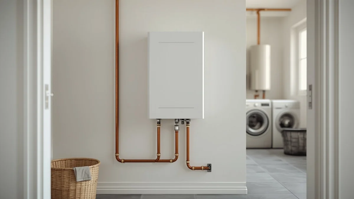 Module intérieur d'une pompe à chaleur air-eau et ses tuyaux de cuivre dans le cellier d'une maison individuelle