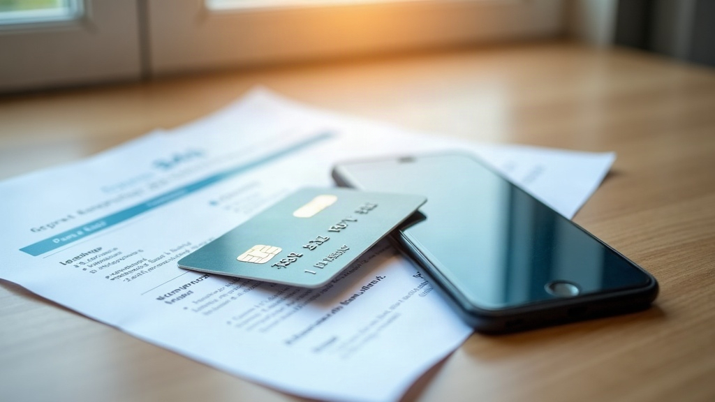 Carte bancaire posée sur un relevé de compte papier, à côté d'un smartphone affichant une application bancaire