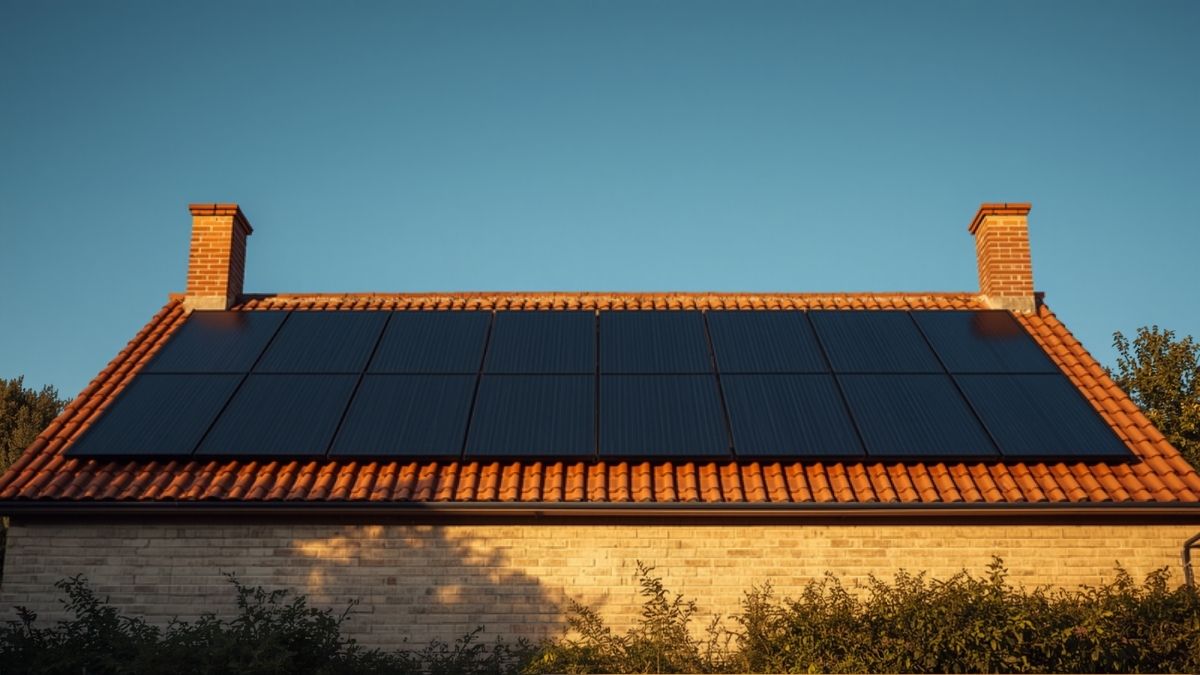 Panneaux solaires photovoltaïques noirs posés sur la toiture en tuiles rouges d'une maison individuelle française, lumière de fin de journée
