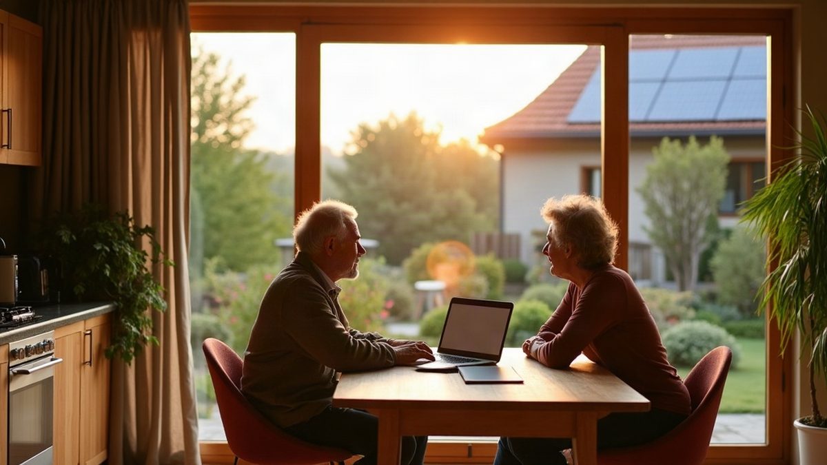 Un couple de propriétaires consulte sa déclaration d'impôts sur un ordinateur portable dans sa cuisine, panneaux solaires visibles sur un toit par la fenêtre