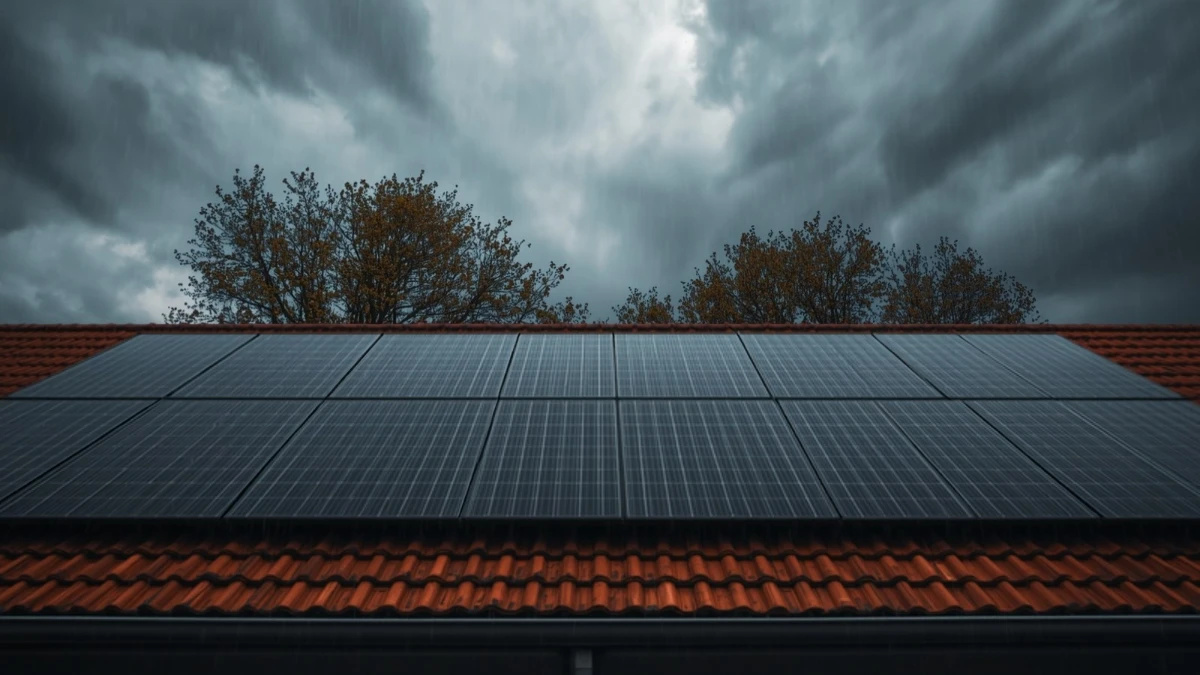 Panneaux solaires noirs sur une toiture en tuiles rouges sous un ciel de tempête automnale