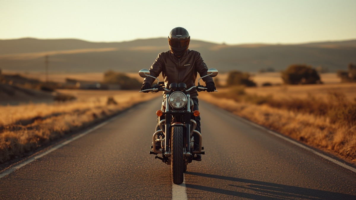 Motard en équipement complet sur sa moto, route de campagne en fin de journée