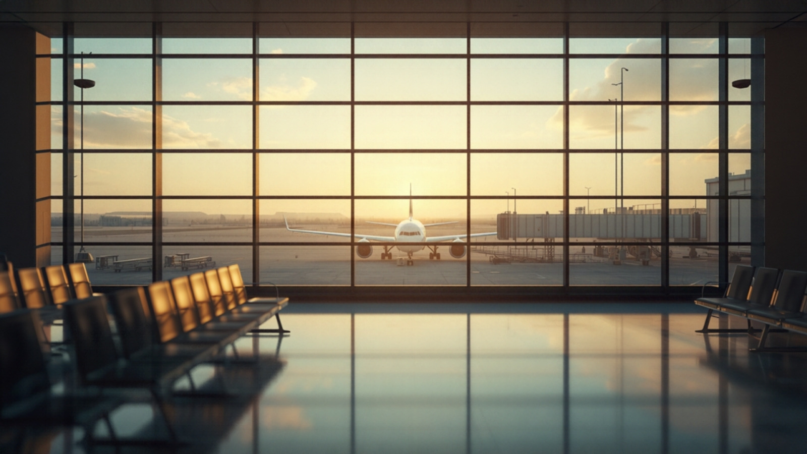 Hall d’aéroport moderne baigné de lumière naturelle, avec un avion de ligne visible à travers les grandes baies vitrées.