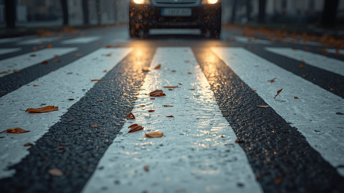 Passage piéton aux bandes blanches mouillées à la tombée du jour, feuilles mortes sur la chaussée et voiture phares allumés en arrière-plan
