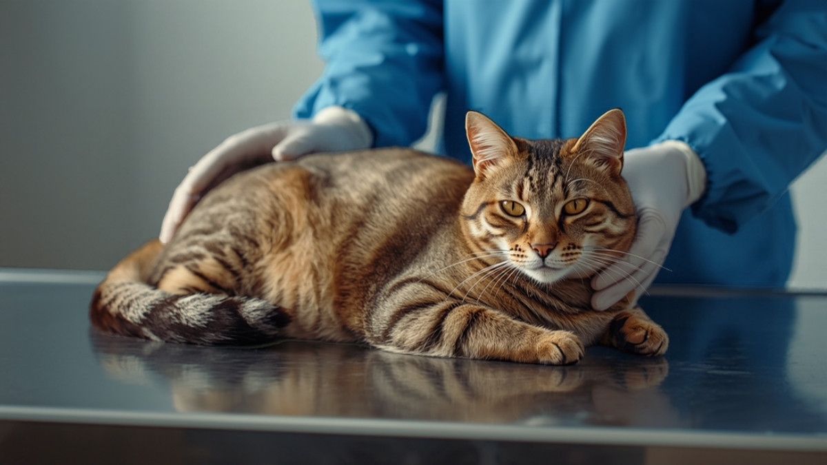 Chat tigré examiné par un vétérinaire sur une table de consultation en inox