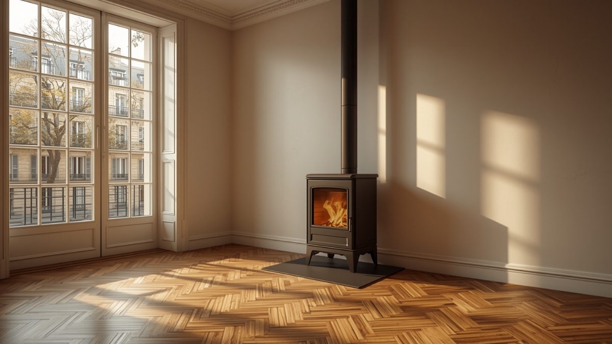 Poêle à granulés noir contemporain installé dans le séjour d'un appartement ancien au parquet en point de Hongrie