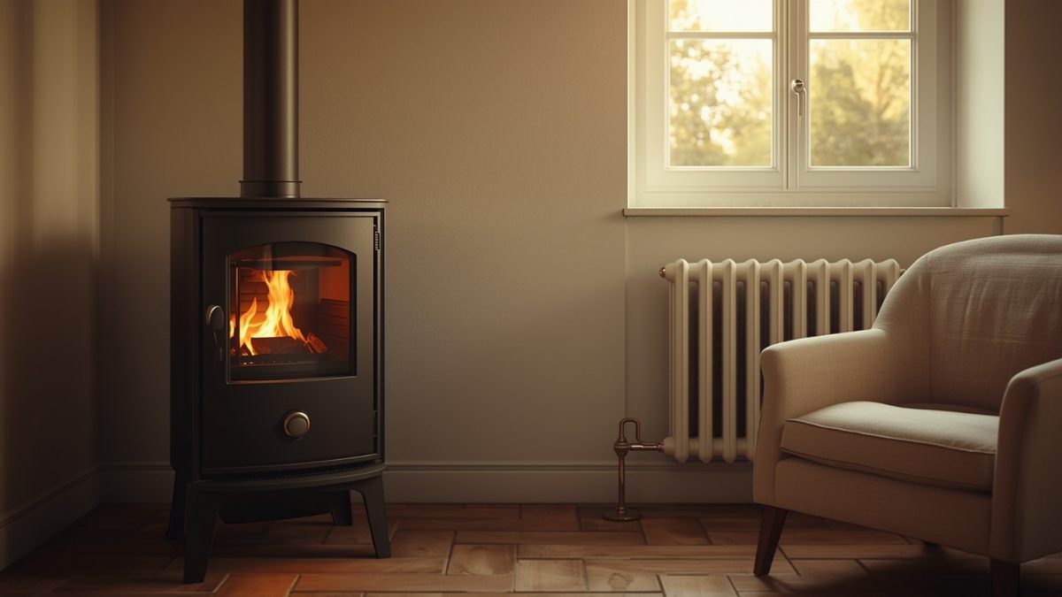 Poêle à granulés noir mat allumé dans le séjour d'une maison ancienne rénovée, radiateur en fonte blanc au premier plan