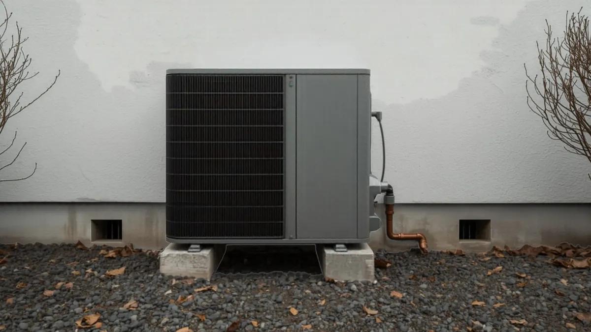 Unité extérieure d'une pompe à chaleur air-eau posée sur plots béton le long d'un mur de maison, feuilles mortes sur le gravier