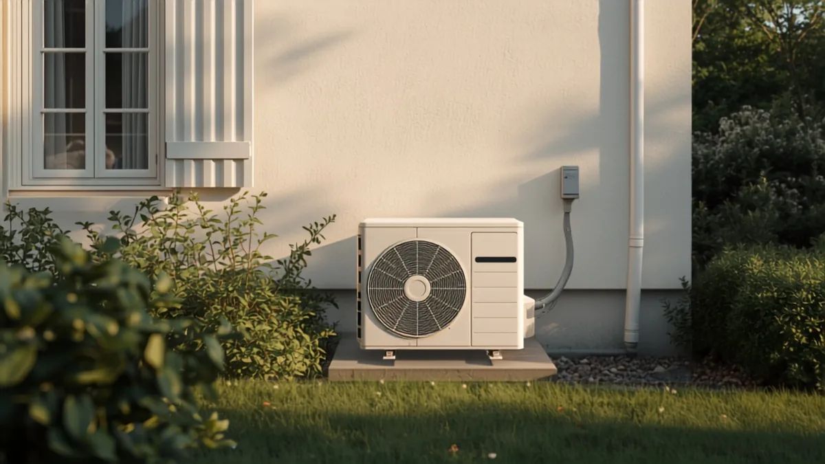 Unité extérieure de pompe à chaleur air-eau installée contre la façade d'une maison individuelle