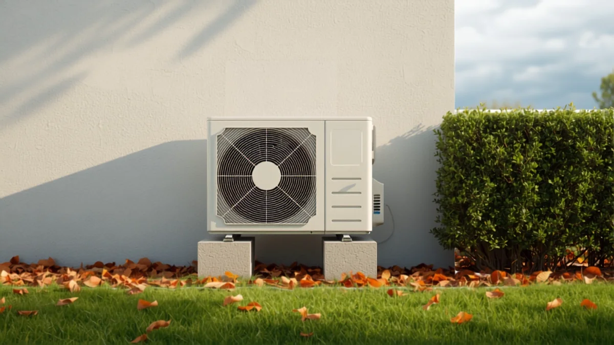 Unité extérieure de pompe à chaleur air-eau installée le long d'une maison individuelle en automne