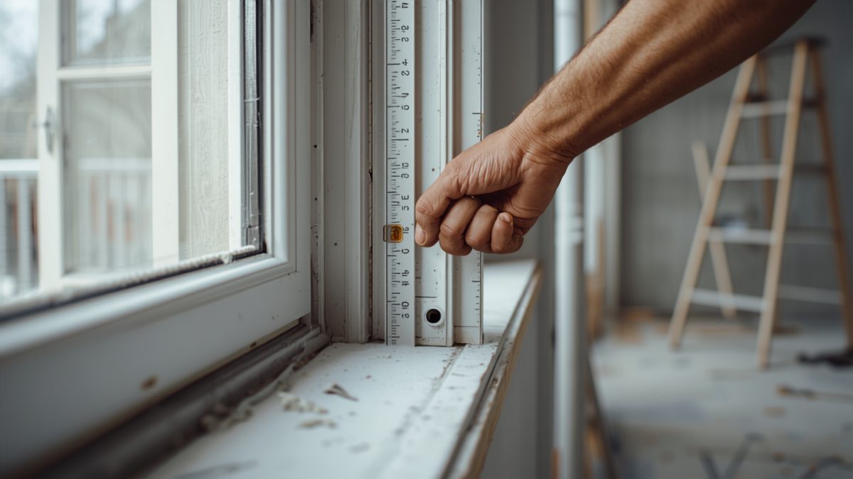 Mains d’un menuisier contrôlant l’aplomb d’une fenêtre PVC blanche fraîchement posée avec un niveau à bulle, dans une maison en cours de rénovation