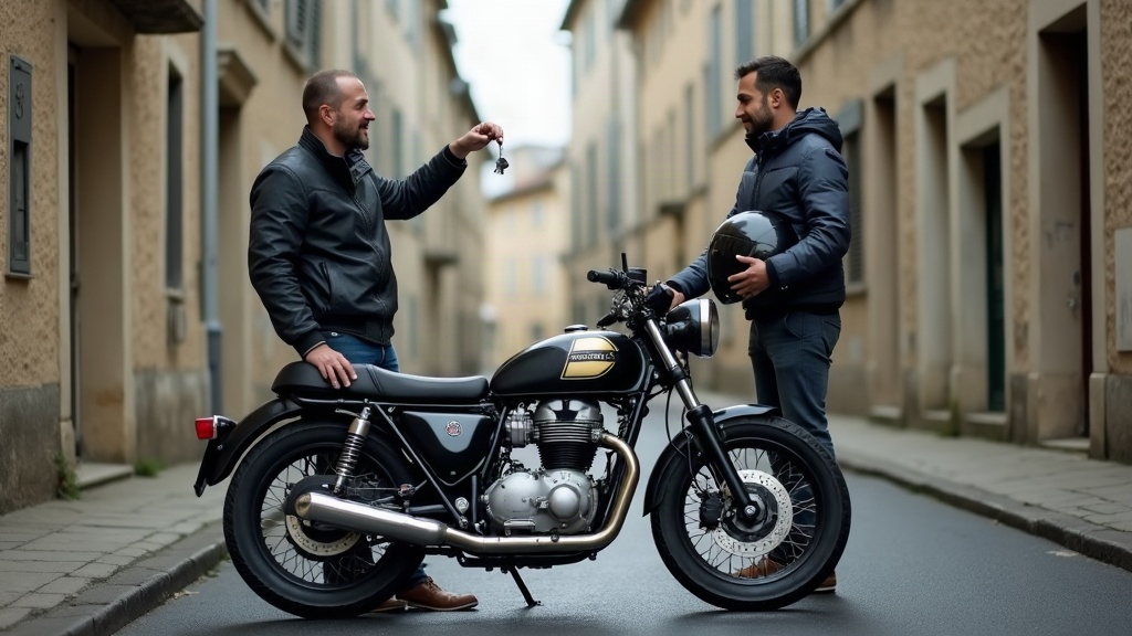 Un motard confie les clés et le casque de sa moto à un proche dans une rue française