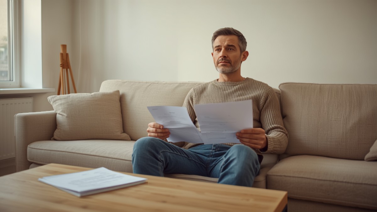 Un homme assis dans le canapé de son salon lit attentivement les conditions générales de son contrat de prévoyance