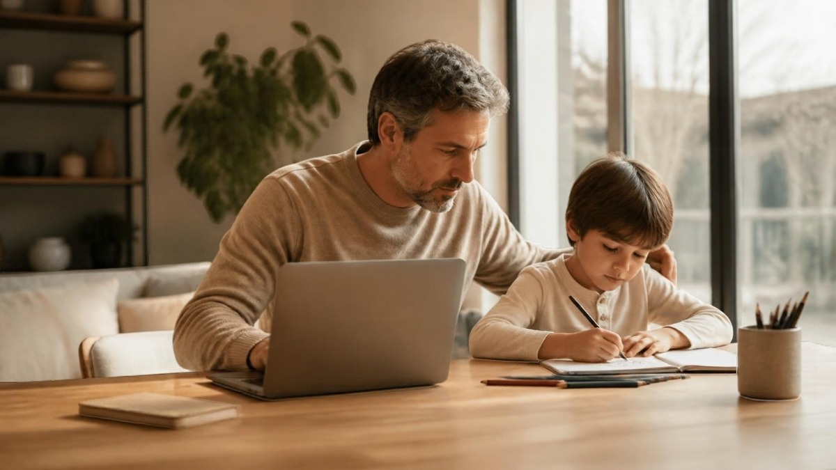 Un cadre travaille à son bureau à domicile pendant que son enfant joue à côté de lui