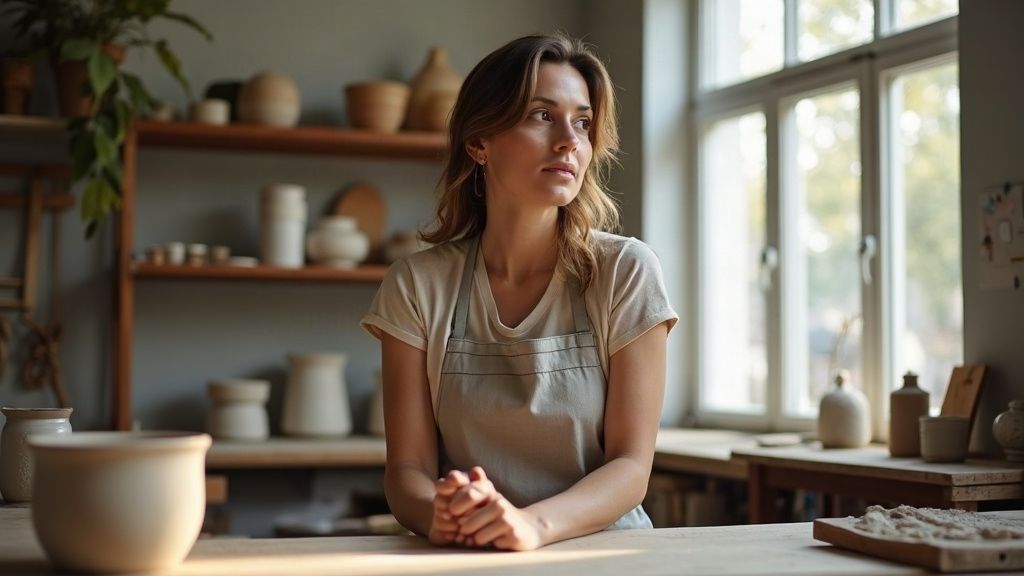 Céramiste indépendante debout à son établi dans un atelier éclairé par la lumière du jour