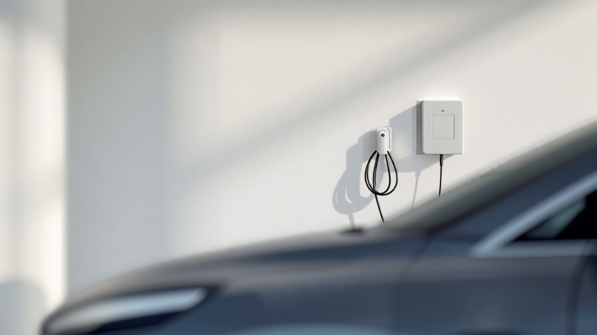 Prise renforcée murale et borne de recharge wallbox installées dans le garage d'une maison individuelle