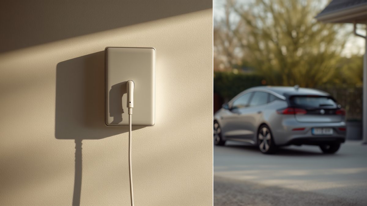 Borne de recharge murale blanche installée dans le garage d'une maison individuelle, câble enroulé sur son support