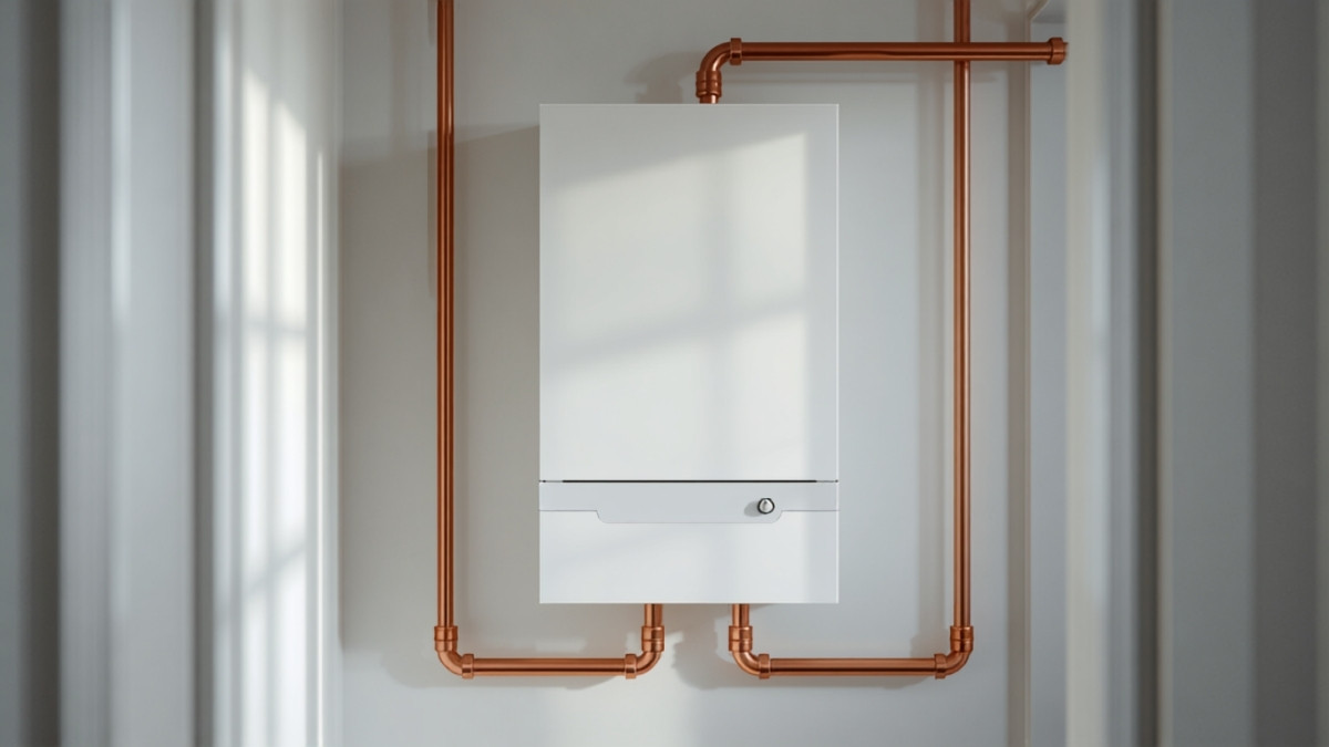 Chaudière à gaz murale blanche et tuyauterie cuivre dans un logement, illustration du prix du gaz en 2026