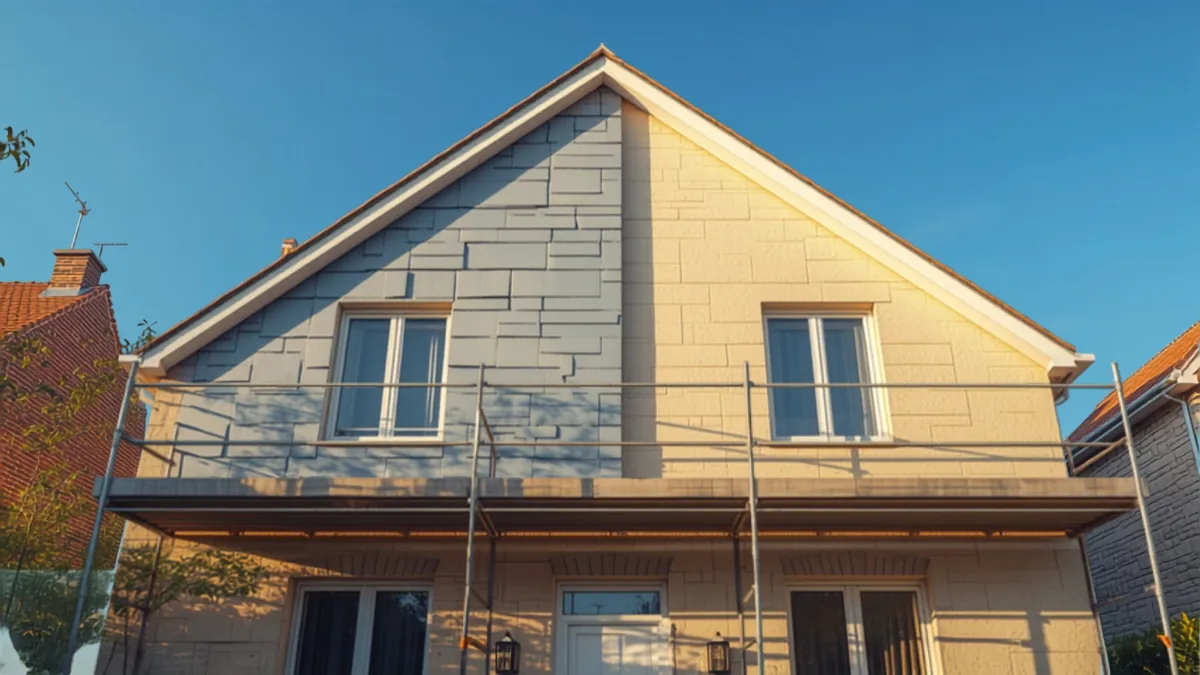 Façade d'une maison individuelle en cours d'isolation thermique par l'extérieur, panneaux isolants posés par un artisan