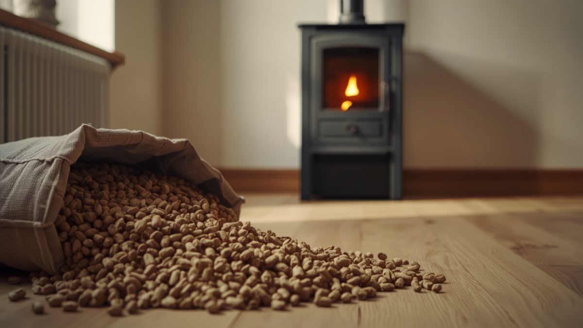 Sac de granulés de bois ouvert posé sur un parquet clair devant un poêle à pellets noir mat allumé dans un séjour