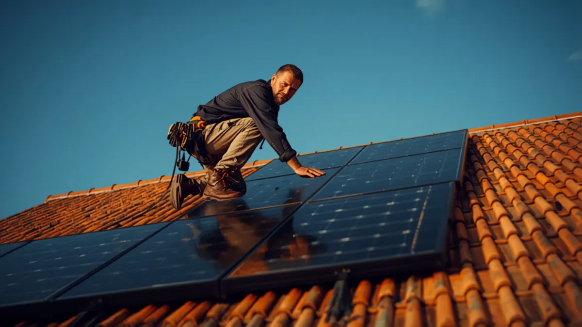 Installateur posant des panneaux solaires sur le toit d'une maison individuelle sous un ciel d'été