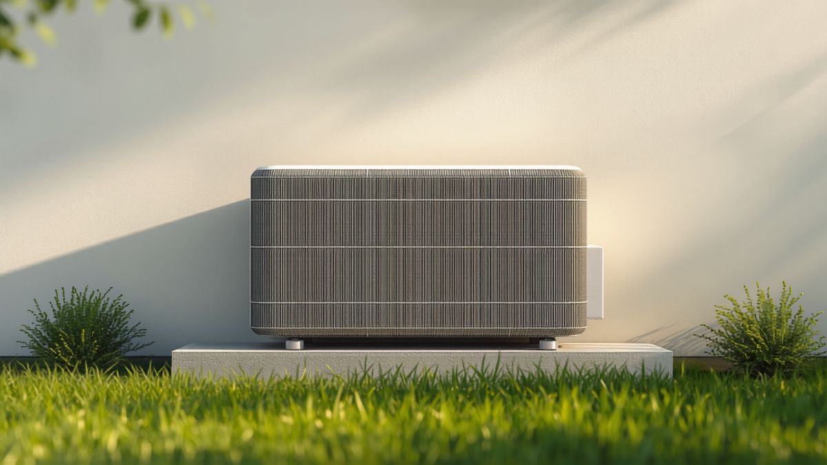 Unité extérieure d'une pompe à chaleur air-eau installée le long d'une maison individuelle