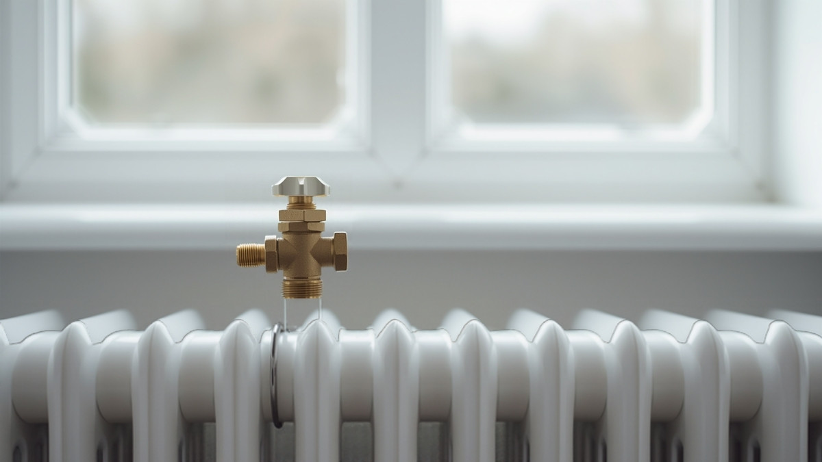 Robinet thermostatique en laiton sur un radiateur blanc, devant une fenêtre d'appartement un matin d'automne