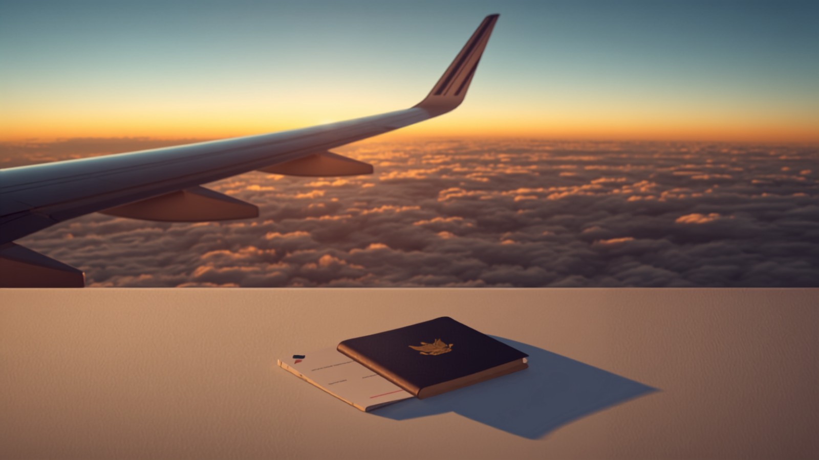 Aile d'avion au-dessus des nuages au coucher du soleil, illustrant un vol long-courrier réservé avec des Miles Flying Blue