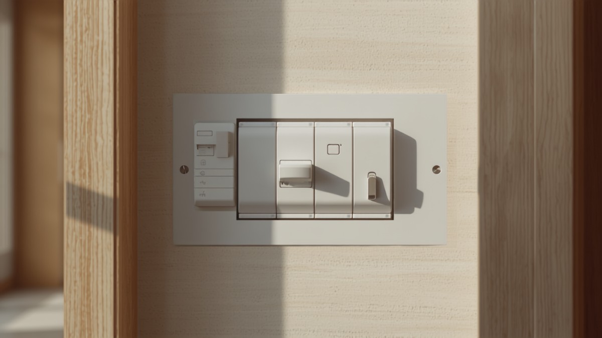 Tableau électrique domestique avec disjoncteurs alignés sur un mur clair