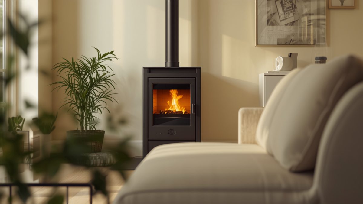 Poêle à granulés moderne dans un salon lumineux, flamme visible derrière la vitre