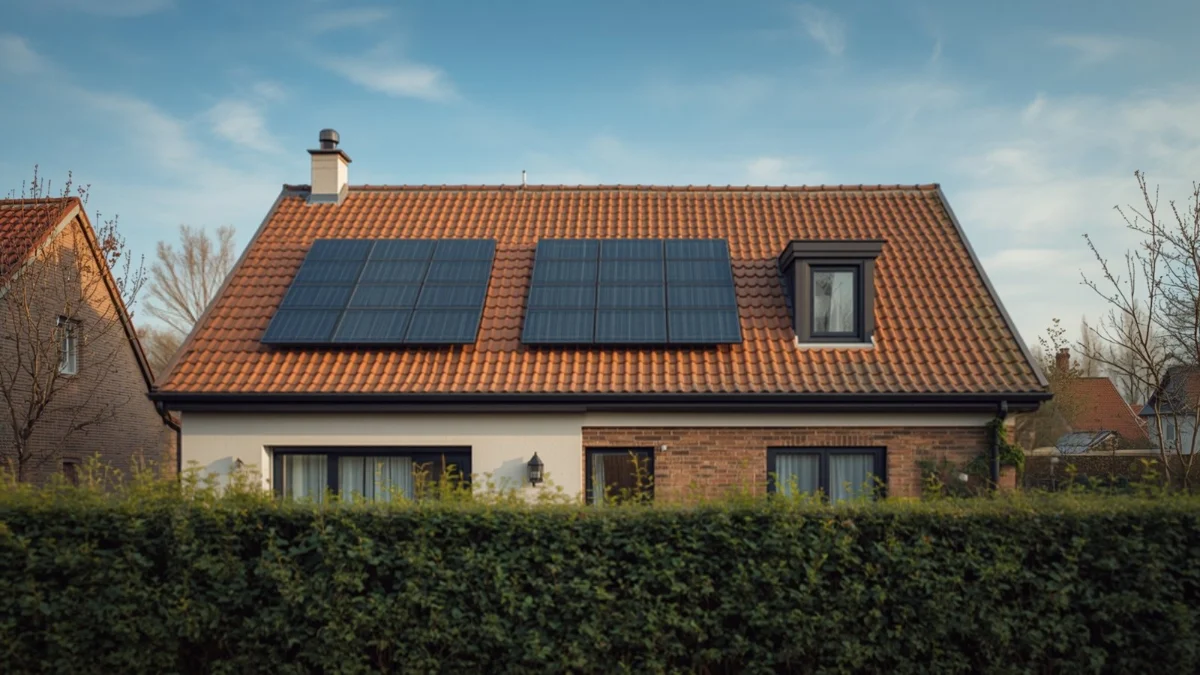 Panneaux solaires sur le toit d'une maison individuelle française en fin de journée