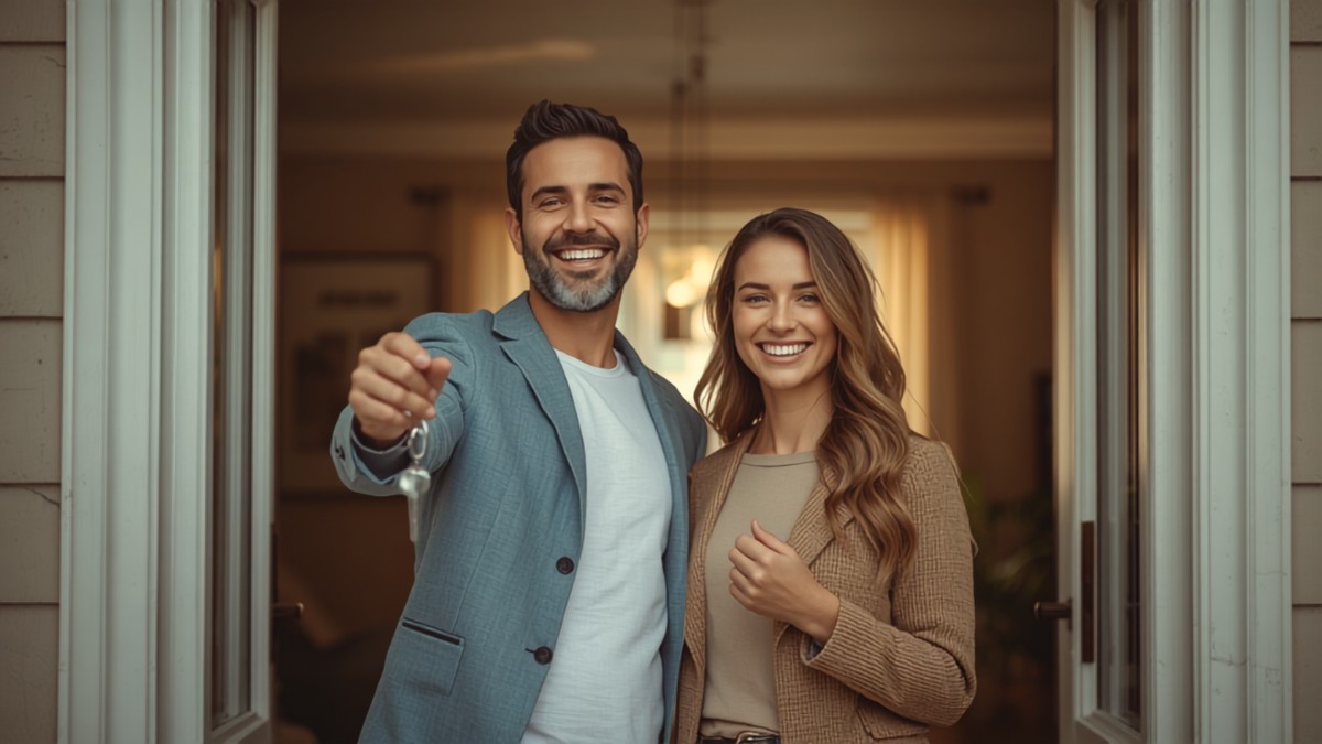 Couple souriant tenant les clés de sa maison après la signature de son prêt immobilier