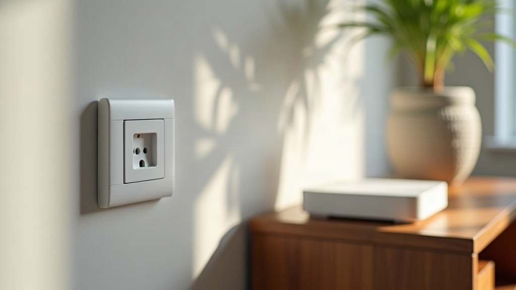 Prise fibre optique murale et box internet posée sur un meuble dans un salon