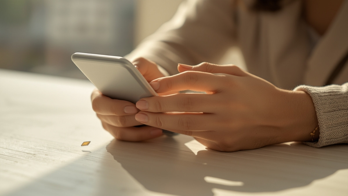 Personne consultant son smartphone à une table, une carte SIM posée à côté