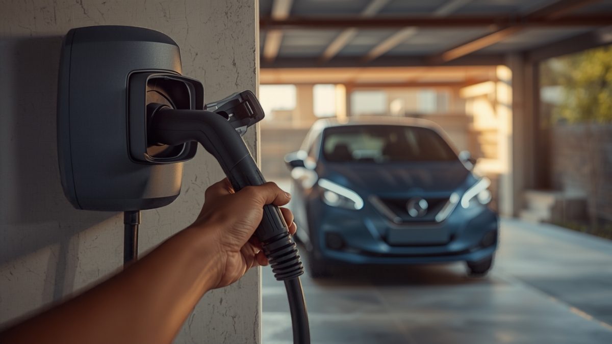 Main tenant le connecteur Type 2 d'un câble de recharge devant une borne murale grise fixée au mur d'un garage de maison, voiture électrique bleue stationnée derrière, lumière naturelle de fin de journée