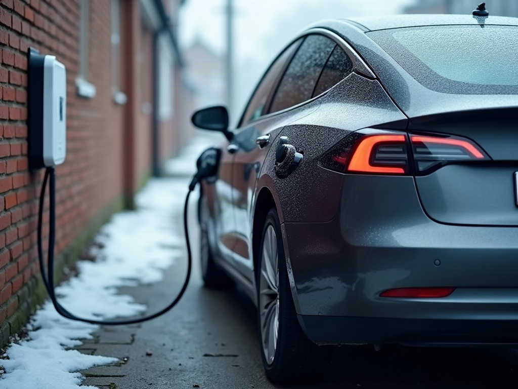 Voiture électrique givrée branchée à une borne de recharge murale contre un mur de brique, un matin d’hiver enneigé