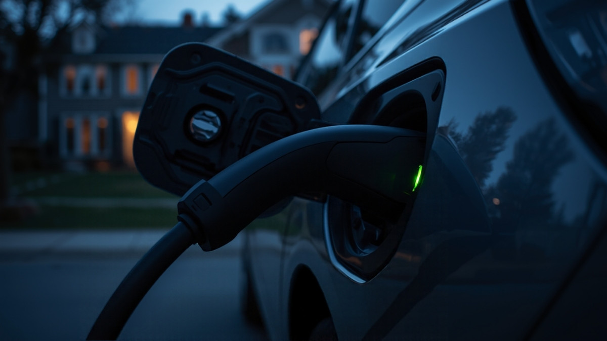 Câble de recharge branché sur une voiture électrique devant une maison, la nuit