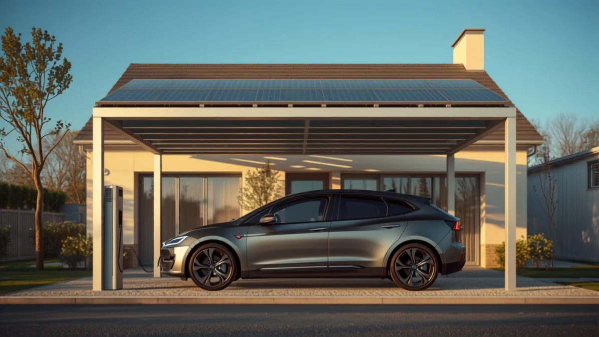 Voiture électrique en charge sous un carport solaire photovoltaïque devant une maison individuelle