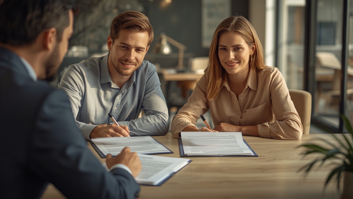 Couple relisant les documents de son prêt immobilier avec un conseiller bancaire