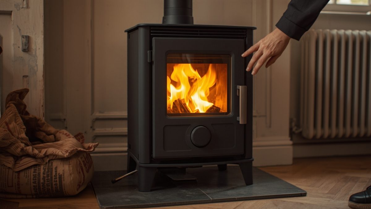 Main d'adulte s'approchant du bandeau de commande rond d'un poêle à granulés gris anthracite, flamme jaune visible derrière la vitre, séjour au parquet chêne clair, sac de granulés entrouvert en arrière-plan flou