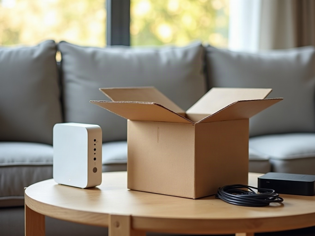 Carton d'expédition ouvert posé sur une table basse à côté d'une box internet débranchée et de ses câbles, dans un salon lumineux