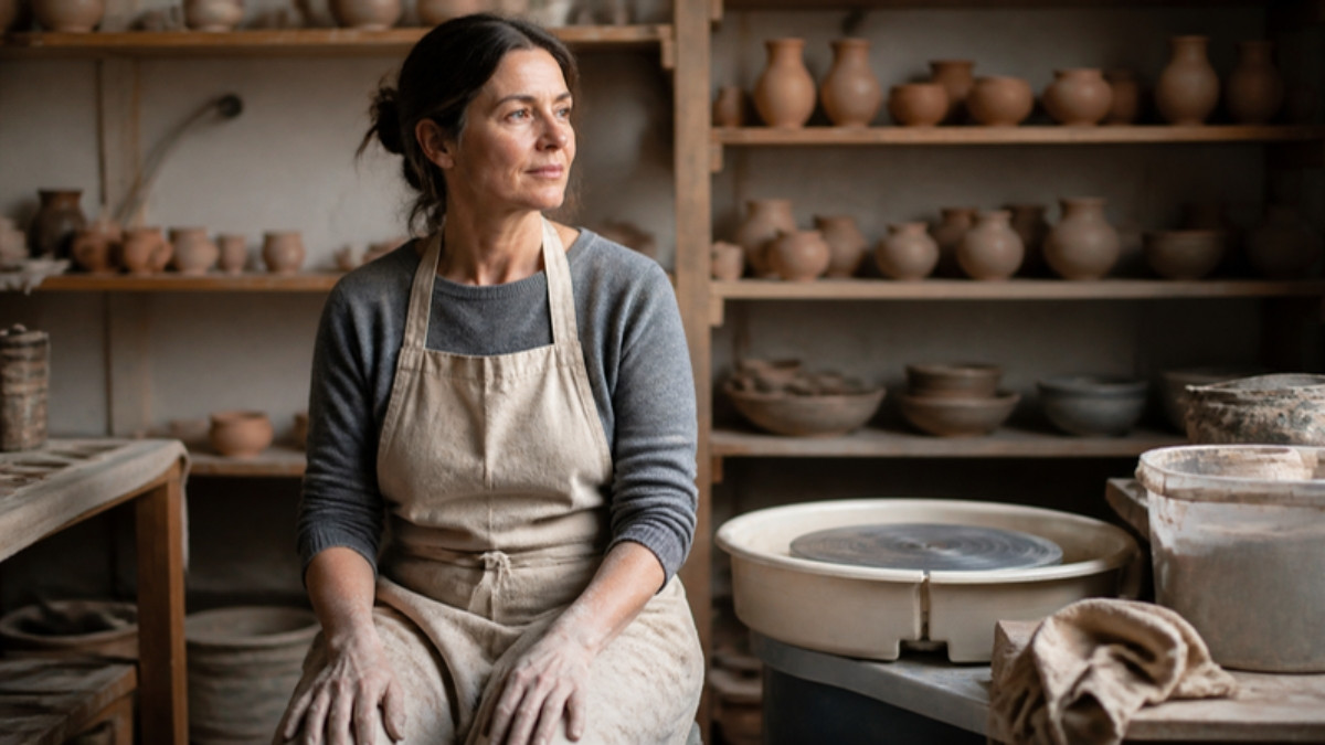 Artisane céramiste indépendante assise dans son atelier, en pause, lumière naturelle