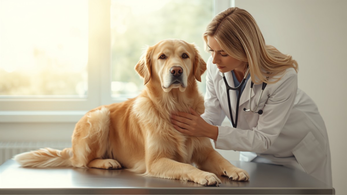 Golden retriever ausculté par une vétérinaire sur une table d'examen